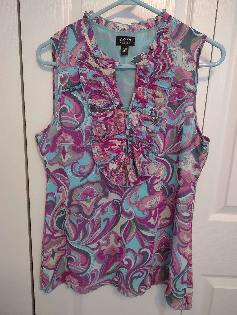 Nicole By Nicole Miller Sleeveless Purple Pink Paisley Top Blouse Medium Ruffles